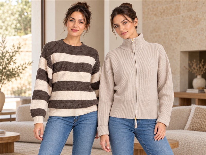 Women's knitwear styled in an indoor setting